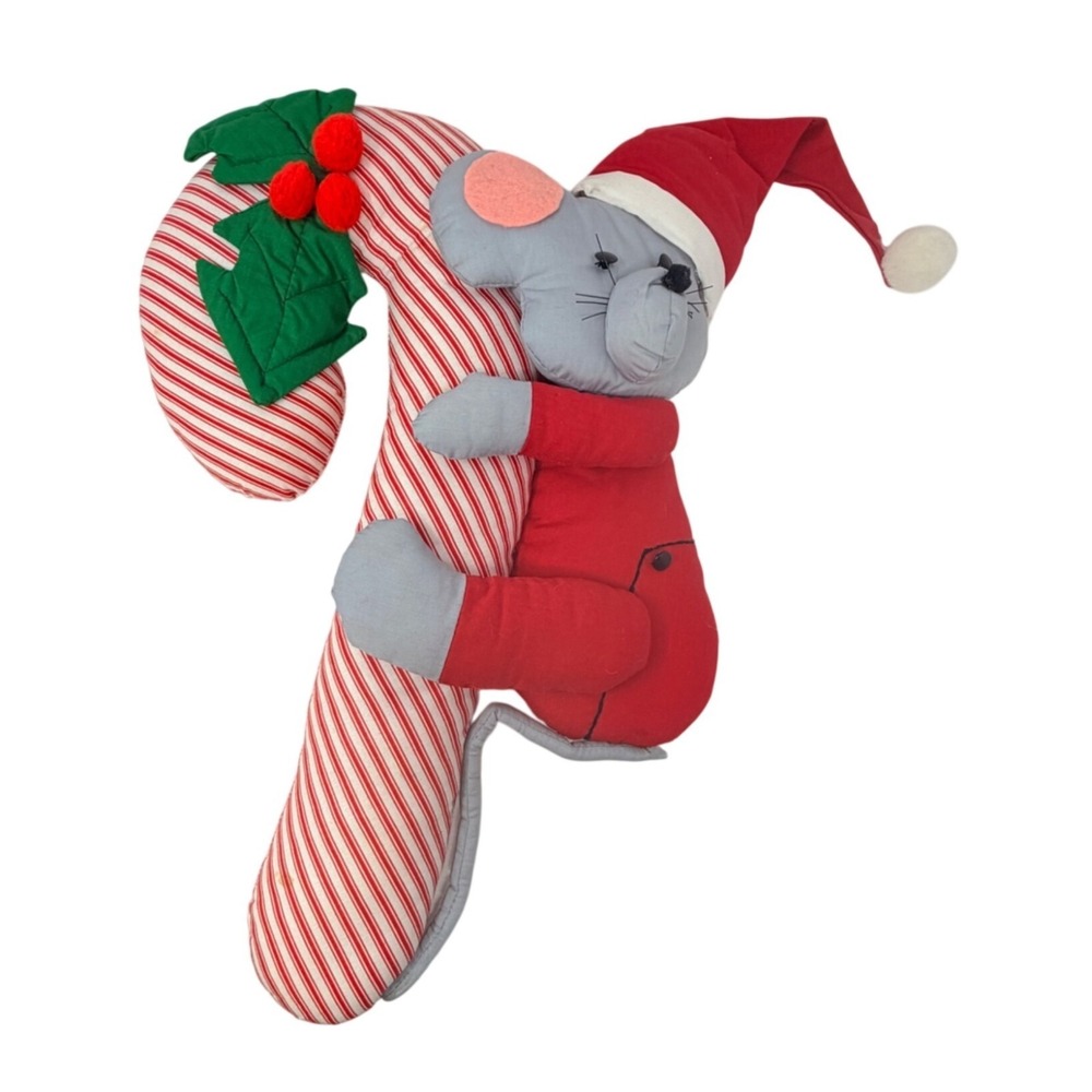 Vintage Handmade Christmas Mouse Candy Cane Plush Ornament Santa Hat Decor 1980s